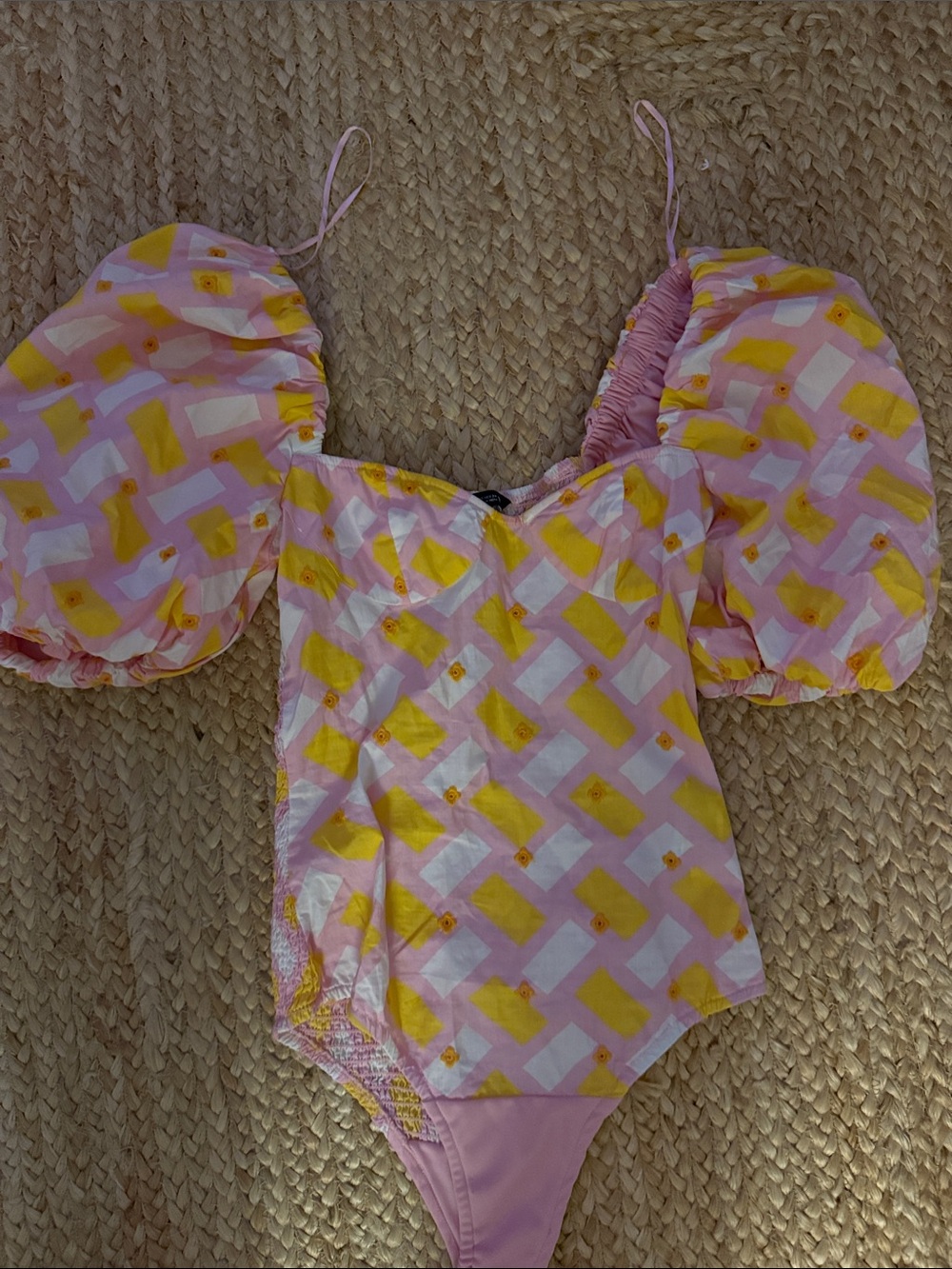 Zara Pink Yellow Geometric Puff-Sleeve Bodysuit